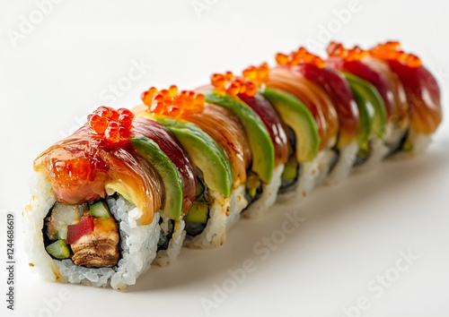 Caterpillar roll with eel and avocado presented on a plate, high-quality food photography, top-down view, emphasizing the colors and textures of the sushi. photo