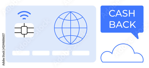Credit card with a chip and global icon, speech bubble with Cash Back, and cloud symbol. Ideal for banking, finance, global transactions, online payments, rewards, internet of things technology