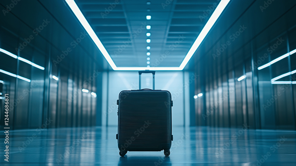 Black suitcase placed in an airport hall or lobby. tourist baggage, summer tropical holiday trip accessories, clothes and belongings. arrival before the airplane flight transportation, no people. Black suitcase placed in an airport hall or lobby. tourist baggage, summer tropical holiday trip accessories, clothes and belongings. arrival before the airplane flight transportation, no people.