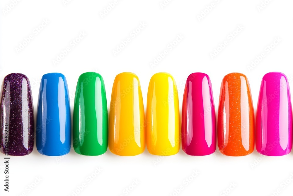 Row of colorful nail polish bottles lined up on a white background Row of colorful nail polish bottles lined up on a white background