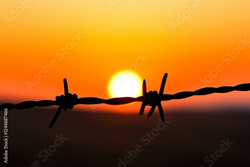 Wire fence with a sun in the background