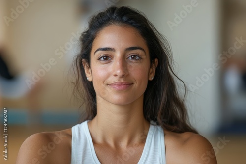 Woman with long brown hair and a white tank top is smiling Free Download Woman with long brown hair and a white tank top is smiling - GFXLoad