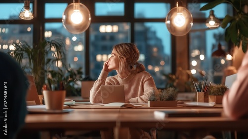 Young woman taking a break from work and thinking about new ideas in her office with warm lights