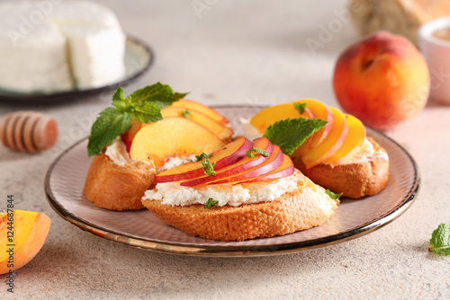Plate of peach bruschetta w...