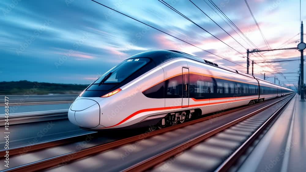Modern high-speed train in motion on railway tracks at dusk. Futuristic white and red express transport rushing through urban setting with dramatic motion blur effect Modern high-speed train in motion on railway tracks at dusk. Futuristic white and red express transport rushing through urban setting with dramatic motion blur effect