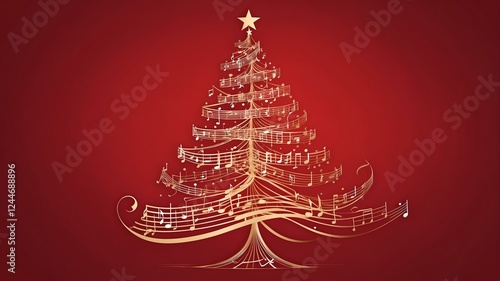 Christmas tree made of musical score on soft red background