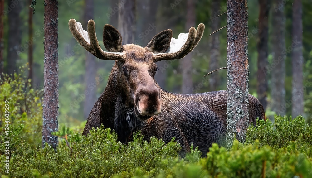 Majestic Moose or Eurasian Elk amidst a Rainy Dark Forest Capturing the Dramatic Mood of Winter Wilderness at Twilight Majestic Moose or Eurasian Elk amidst a Rainy Dark Forest Capturing the Dramatic Mood of Winter Wilderness at Twilight