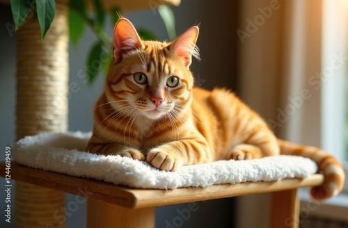 Wallpaper Mural A ginger cat looking at camera lounges comfortably on a wooden cat tree shelf in sunlit room Torontodigital.ca
