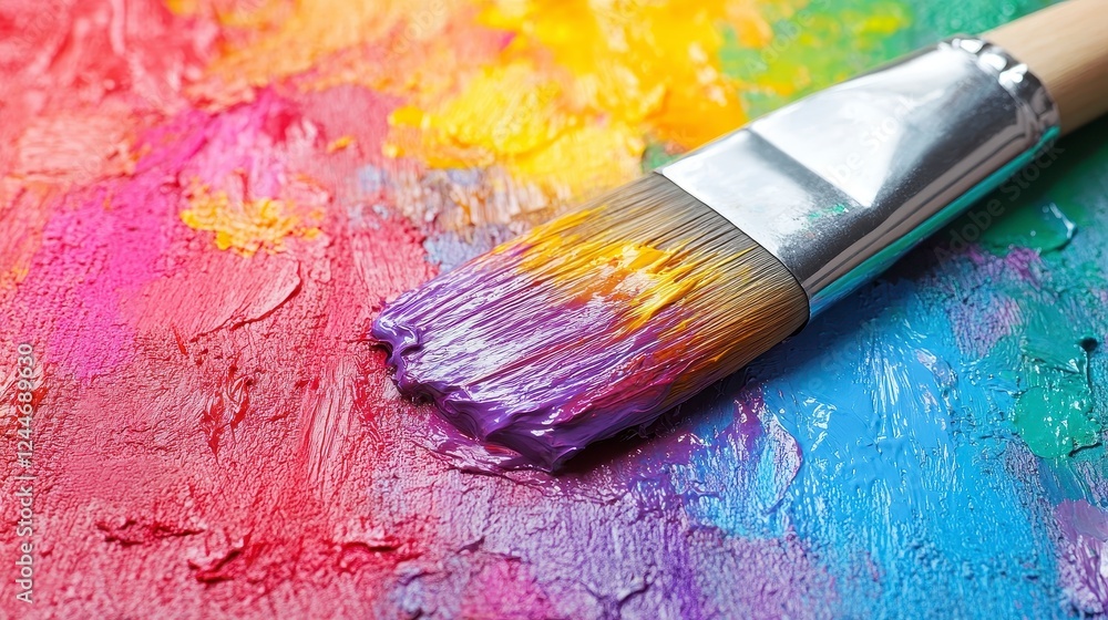 Artist paintbrush on vibrant palette; colorful background Artist paintbrush on vibrant palette; colorful background