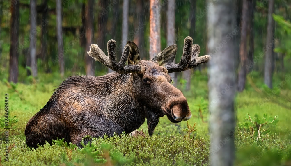 Rainy Forest Encounter Alces alces Roaming in a Moody Eurasian Landscape at Twilight Rainy Forest Encounter Alces alces Roaming in a Moody Eurasian Landscape at Twilight