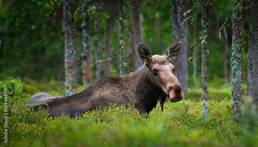 Majestic Moose in Rainy Dark Forest Eurasian Alces alces Grazing on Misty Landscape, Capturing Mysterious and Intense Atmosphere. Majestic Moose in Rainy Dark Forest Eurasian Alces alces Grazing on Misty Landscape, Capturing Mysterious and Intense Atmosphere.