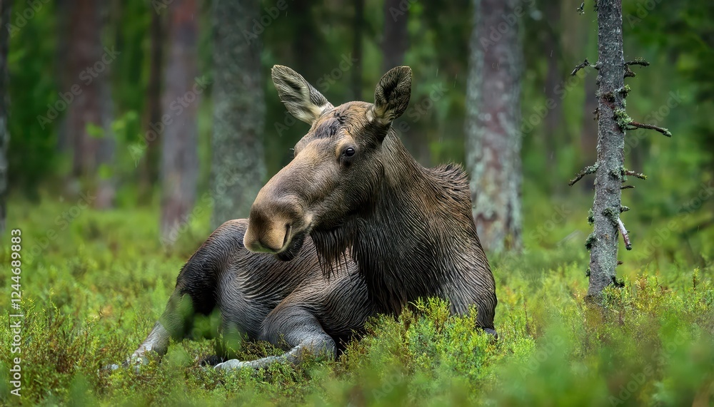 Majestic Moose in a Raindrenched Dark Forest Alces alces Emerge Amidst Drizzle and Gloom, Evoking a Mystical Aura of Eurasian Wilderness Majestic Moose in a Raindrenched Dark Forest Alces alces Emerge Amidst Drizzle and Gloom, Evoking a Mystical Aura of Eurasian Wilderness