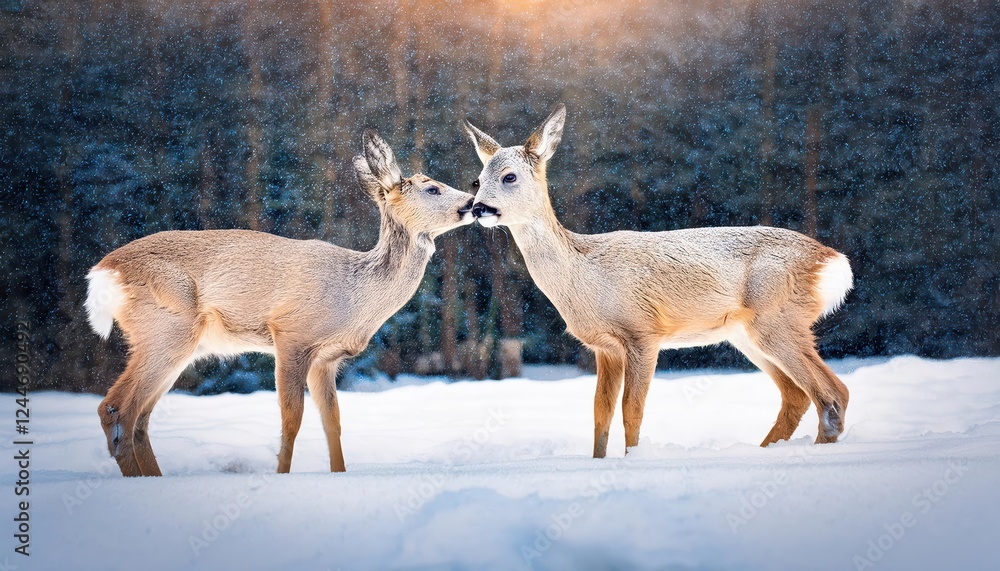 Intimate Moment between Mother and Son Roe Deer in Deep Snow during Winter, Captured against a Frosty Backdrop, Showcasing the Wild Beauty of Capreolus Capreolus Intimate Moment between Mother and Son Roe Deer in Deep Snow during Winter, Captured against a Frosty Backdrop, Showcasing the Wild Beauty of Capreolus Capreolus