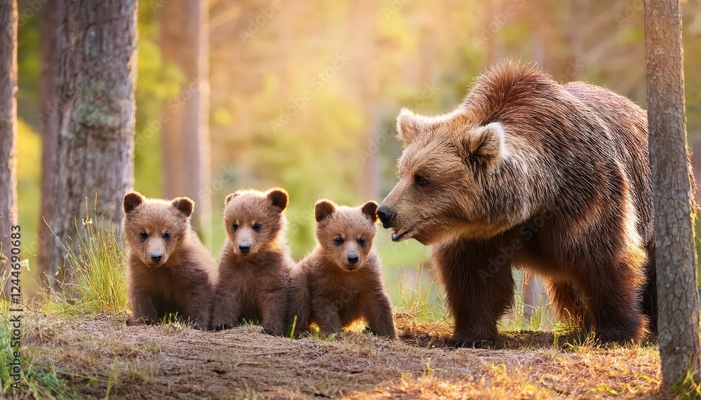 Enchanting Moment Mother Bear Gently Tending to Her Playful Cubs in the Frosty Forest, Winter Wonderland Scene Captures Wildlife Intimacy and Serenity. Enchanting Moment Mother Bear Gently Tending to Her Playful Cubs in the Frosty Forest, Winter Wonderland Scene Captures Wildlife Intimacy and Serenity.