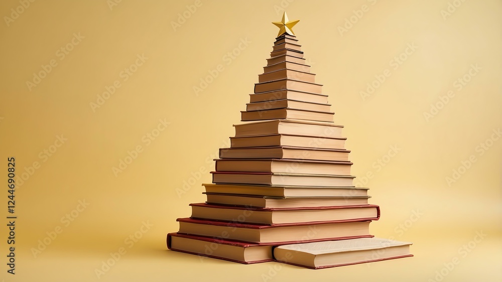 Christmas tree made of books on soft yellow background Christmas tree made of books on soft yellow background