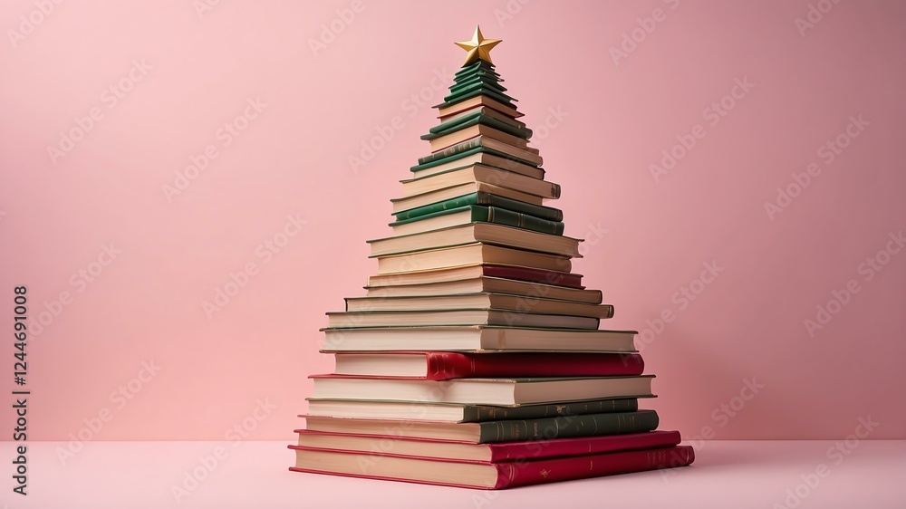Christmas tree made of books on soft pink background Christmas tree made of books on soft pink background
