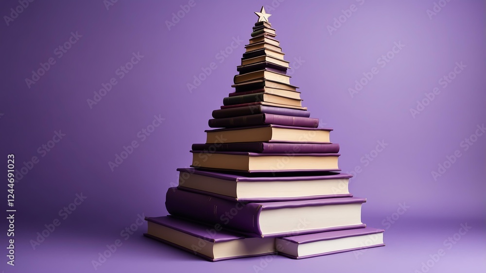 Christmas tree made of books on soft purple background Christmas tree made of books on soft purple background