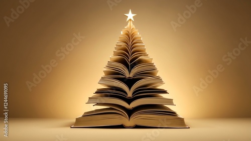 Christmas tree made of books on soft gold background