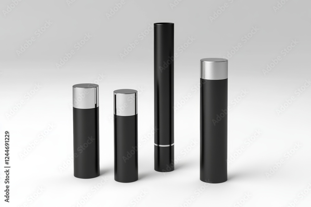 Obraz premium Four black bottles with silver tops