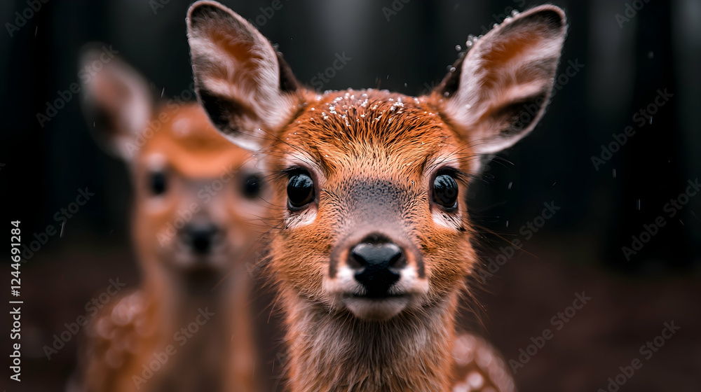 Two fawns in snowy forest, closeup. Nature wildlife poster Two fawns in snowy forest, closeup. Nature wildlife poster