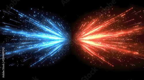Abstract Cosmic Energy: Blue and Red Light Rays Clash in a Dazzling Display of Power and Intensity
