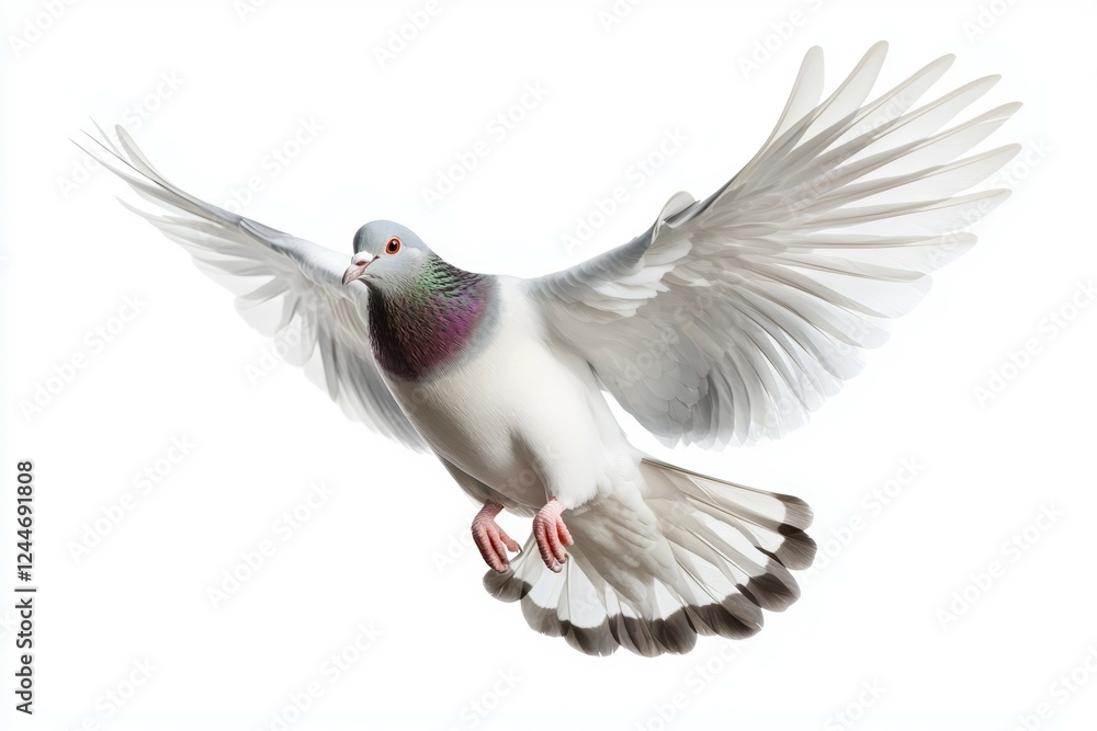 Fototapeta premium White pigeon with a black and green head is flying in the air