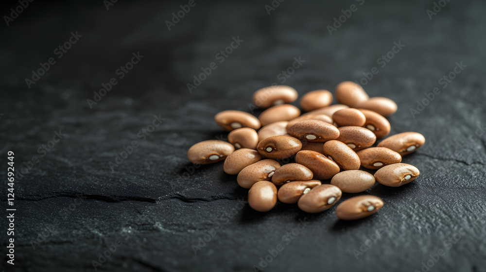 A minimalistic arrangement of pinto beans on a black slate surface, with sharp lighting to emphasize details. A minimalistic arrangement of pinto beans on a black slate surface, with sharp lighting to emphasize details.