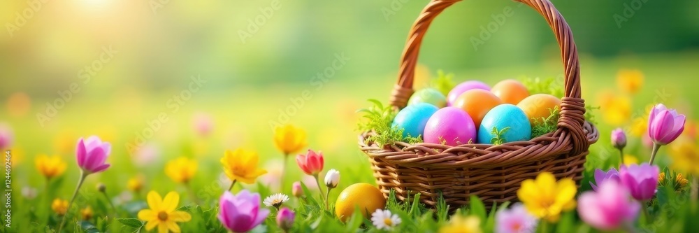 Wicker basket overflowing with colorful Easter eggs nestled in a vibrant flower field , joyful, painted eggs, sun Wicker basket overflowing with colorful Easter eggs nestled in a vibrant flower field , joyful, painted eggs, sun