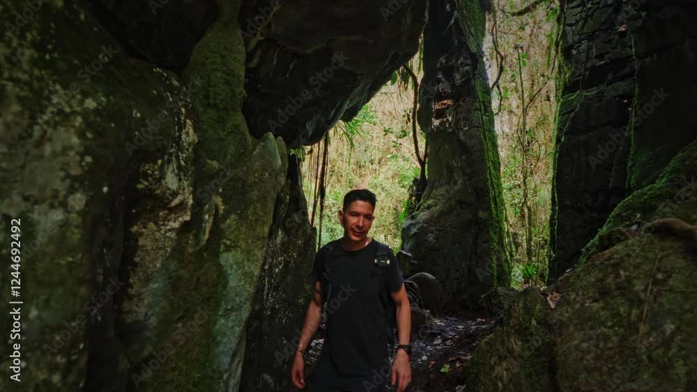 Man Traveler Exploring a Tropical Forest Man Traveler Exploring a Tropical Forest