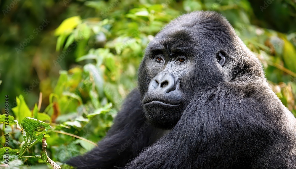 Majestic Mountain Gorilla in African Montane Forest Closeup Portrait of Endangered Gorilla beringei Amidst Lush Green Canopy and Golden Sunlight Majestic Mountain Gorilla in African Montane Forest Closeup Portrait of Endangered Gorilla beringei Amidst Lush Green Canopy and Golden Sunlight
