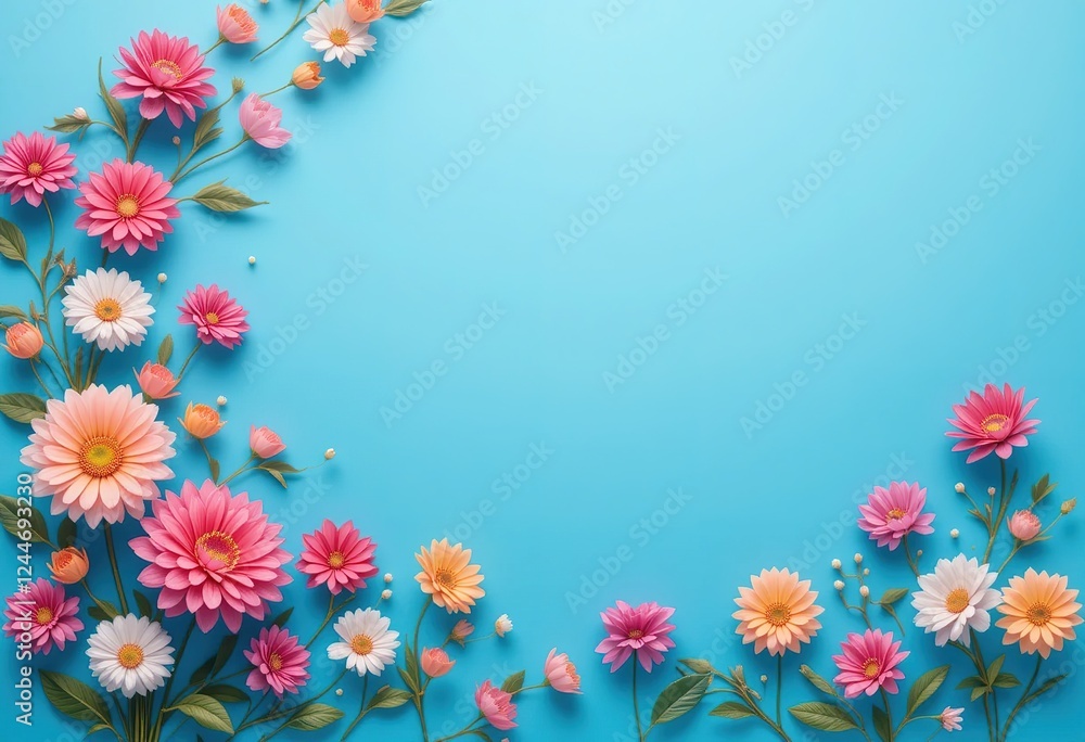 Colorful Flowers Arranged on a Blue Background Colorful Flowers Arranged on a Blue Background