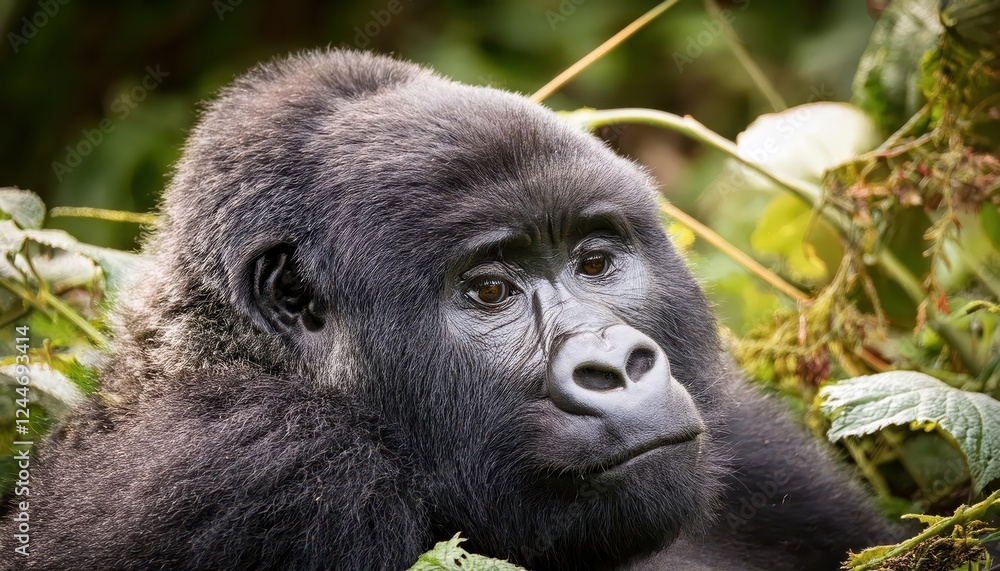 Majestic Mountain Gorilla Wandering Through Dense Foggy Ugandan Forest, a Captivating Moment of Wildlife Encounter in the Heart of Africas Lush Green Landscape. Majestic Mountain Gorilla Wandering Through Dense Foggy Ugandan Forest, a Captivating Moment of Wildlife Encounter in the Heart of Africas Lush Green Landscape.