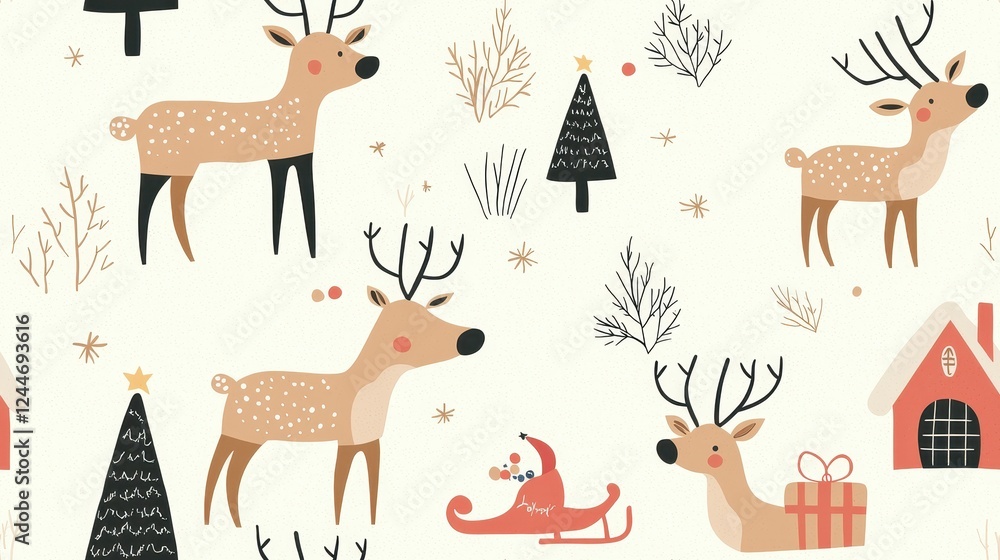 Obraz premium Cute Holiday Pattern Featuring Santa Sleigh, Reindeer, and Trees