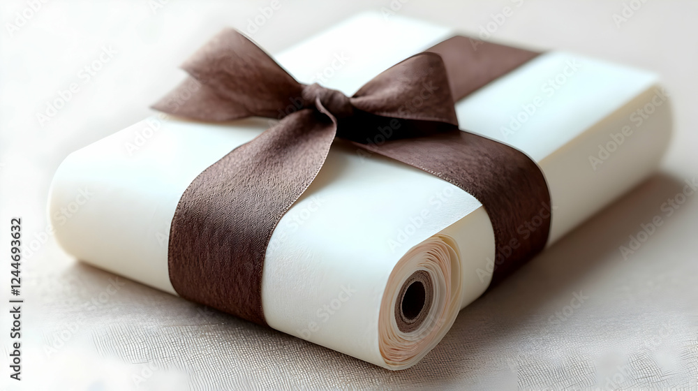 Fototapeta premium Elegant gift wrap, brown ribbon, beige paper roll, neutral background, perfect for celebrations