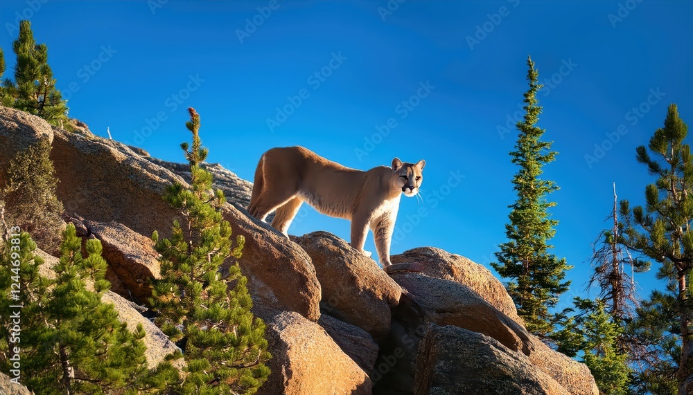 Majestic Mountain Lion Roaming the Rugged Cliffs and Pine Forests of the Rocky Mountains at Dusk, a Scene of Wildlife and Natural Beauty in North America. Majestic Mountain Lion Roaming the Rugged Cliffs and Pine Forests of the Rocky Mountains at Dusk, a Scene of Wildlife and Natural Beauty in North America.