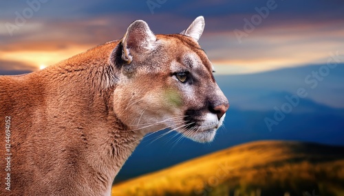 Stealthy Majesty A Wild Mountain Lion Basking in the Early Sunlight, showcasing the Power and Grace of Natures Untamed Beauty amidst the Rocky Highlands. photo