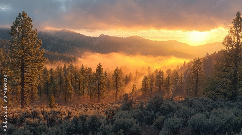 Sunrise Over Pine Forest: Misty Mountains and Vibrant Landscape Sunrise Over Pine Forest: Misty Mountains and Vibrant Landscape