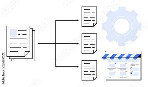 Documents linked via a flowchart to processing options including a gear and marketplace. Ideal for workflow automation, digital transformation, document management, efficiency, organization, business