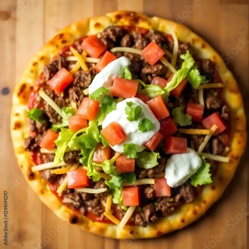 Delicious Taco Pizza Topped With Ground Beef Tomatoes Lettuce and Sour Cream