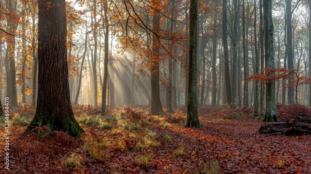 Tranquil Autumn Forest with Sunlight Streaming Through Trees Tranquil Autumn Forest with Sunlight Streaming Through Trees