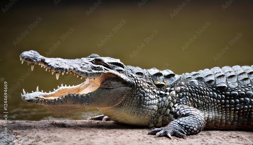 Ferocious Mugger Crocodile Baring Teeth in Striking Riparian Environment, Showcasing the Power and Majesty of the Marshlands at Dawn Ferocious Mugger Crocodile Baring Teeth in Striking Riparian Environment, Showcasing the Power and Majesty of the Marshlands at Dawn
