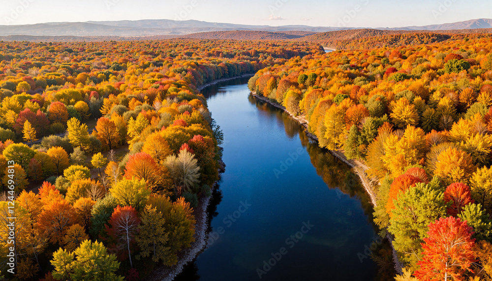 Obraz premium Autumn river surrounded by vibrant fall foliage