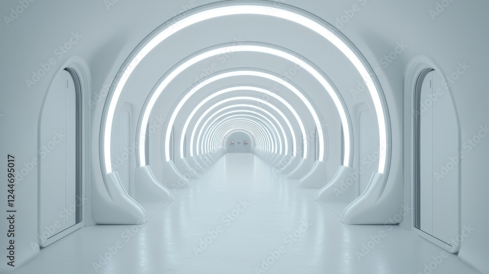 Fototapeta premium Futuristic white corridor, glowing arches, doors, perspective