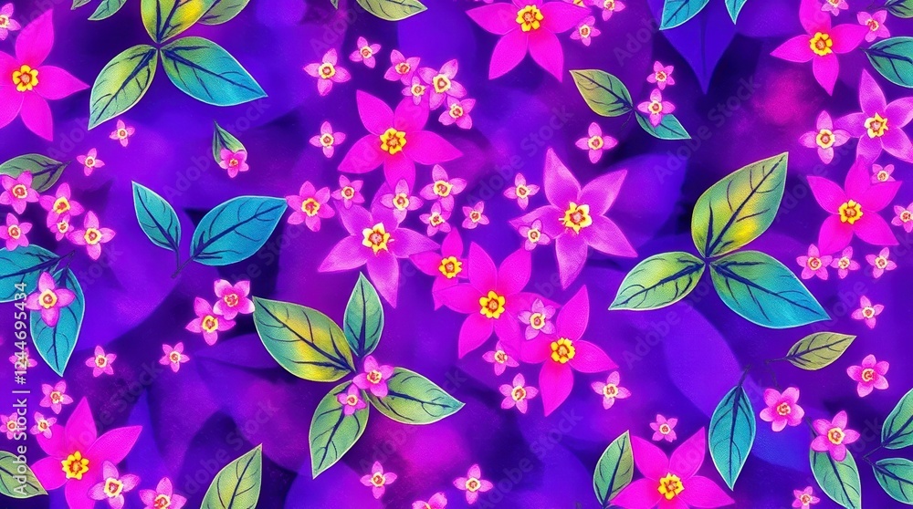 Fototapeta premium Vibrant pink flowers and green leaves create a seamless floral pattern on a purple background.