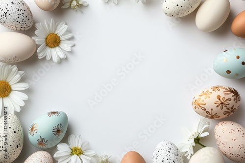 White background with a bunch of eggs and flowers