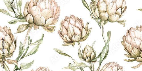 Vector seamless Vintage Repeating artichoke pattern in shades of pastel brown, wallpaper in a watercolor design on a white background.