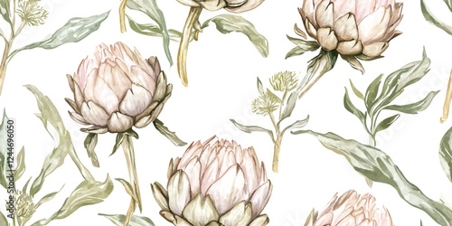 Vector seamless Vintage Repeating artichoke pattern in shades of pastel brown, wallpaper in a watercolor design on a white background.