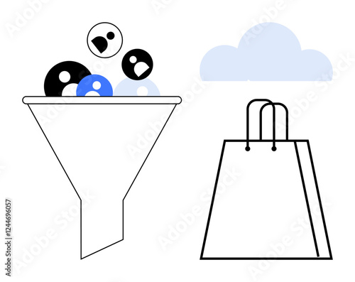 Funnel processing customer icons, resulting in a shopping bag and a cloud. Ideal for e-commerce, digital strategy, marketing, customer acquisition, conversion, sales funnel user experience. Line