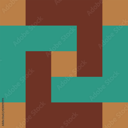 Brown and jade green interlocking rectangles on a tan background