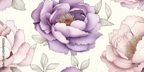 Vector Seamless pastel floral pattern with peony flowers on white summer background, watercolor. Template design for textiles, interior, clothes, wallpaper. Botanical art